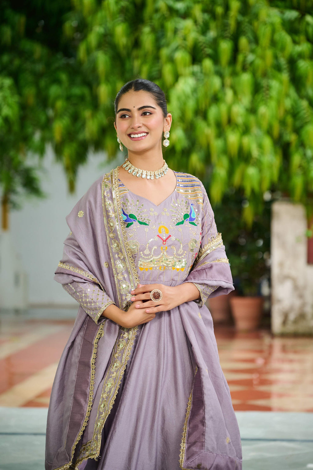 Vedant Vastram Vichitra Silk Embroidery & Sequence Work Stitched Ethnic Gown-Onion - Distacart
