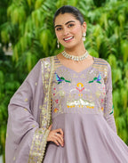 Vedant Vastram Vichitra Silk Embroidery & Sequence Work Stitched Ethnic Gown-Onion - Distacart