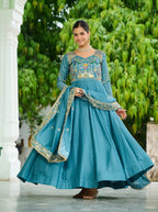 Vedant Vastram Vichitra Silk Embroidery & Sequence Work Stitched Ethnic Gown-Sky Blue - Distacart