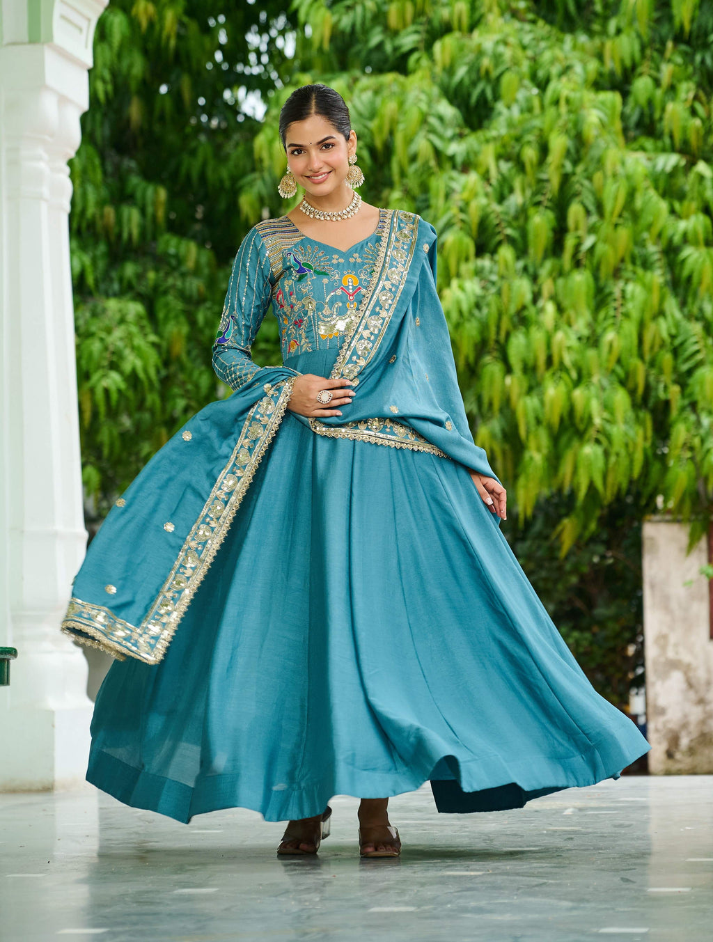 Vedant Vastram Vichitra Silk Embroidery & Sequence Work Stitched Ethnic Gown-Sky Blue - Distacart
