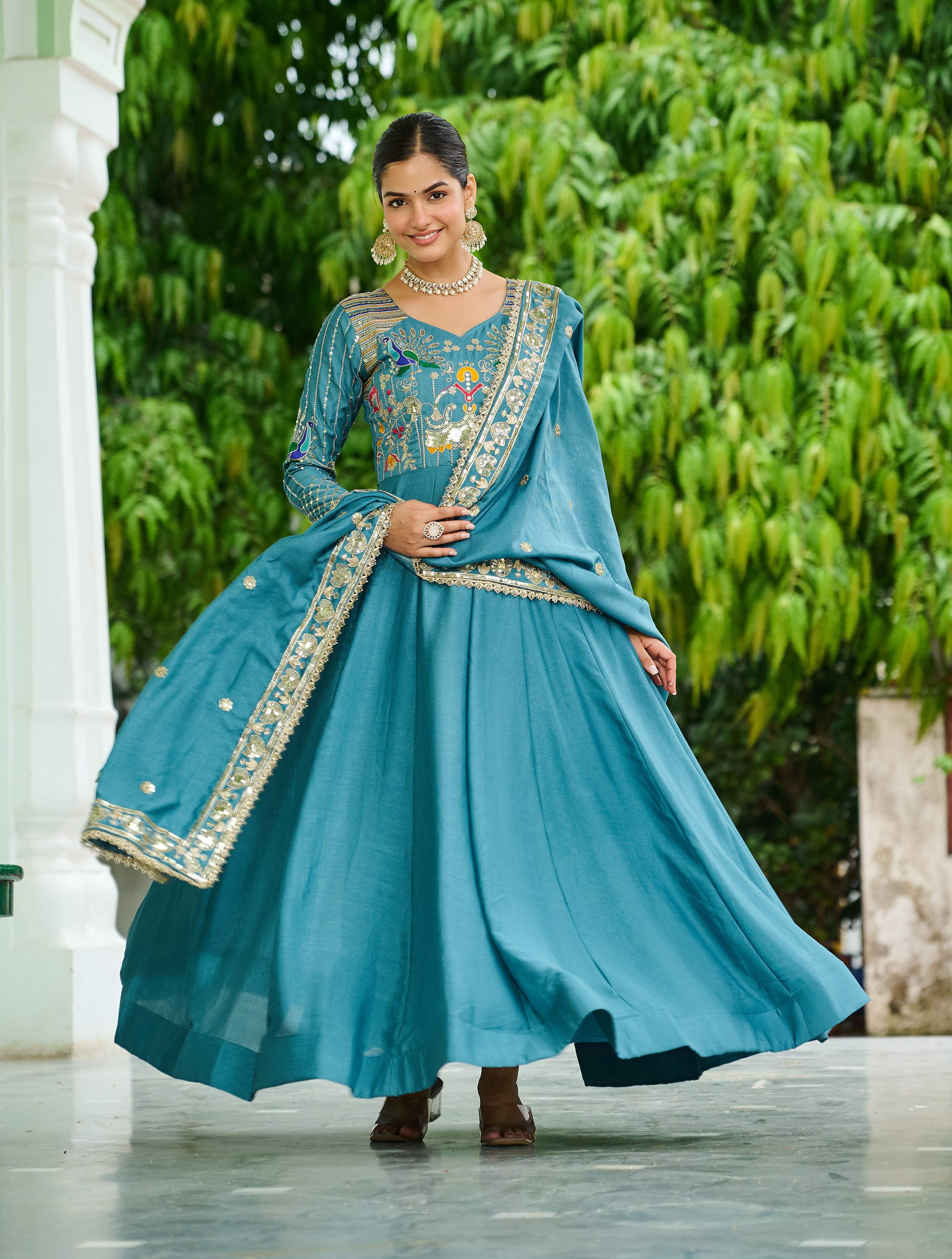 Vedant Vastram Vichitra Silk Embroidery & Sequence Work Stitched Ethnic Gown-Sky Blue - Distacart