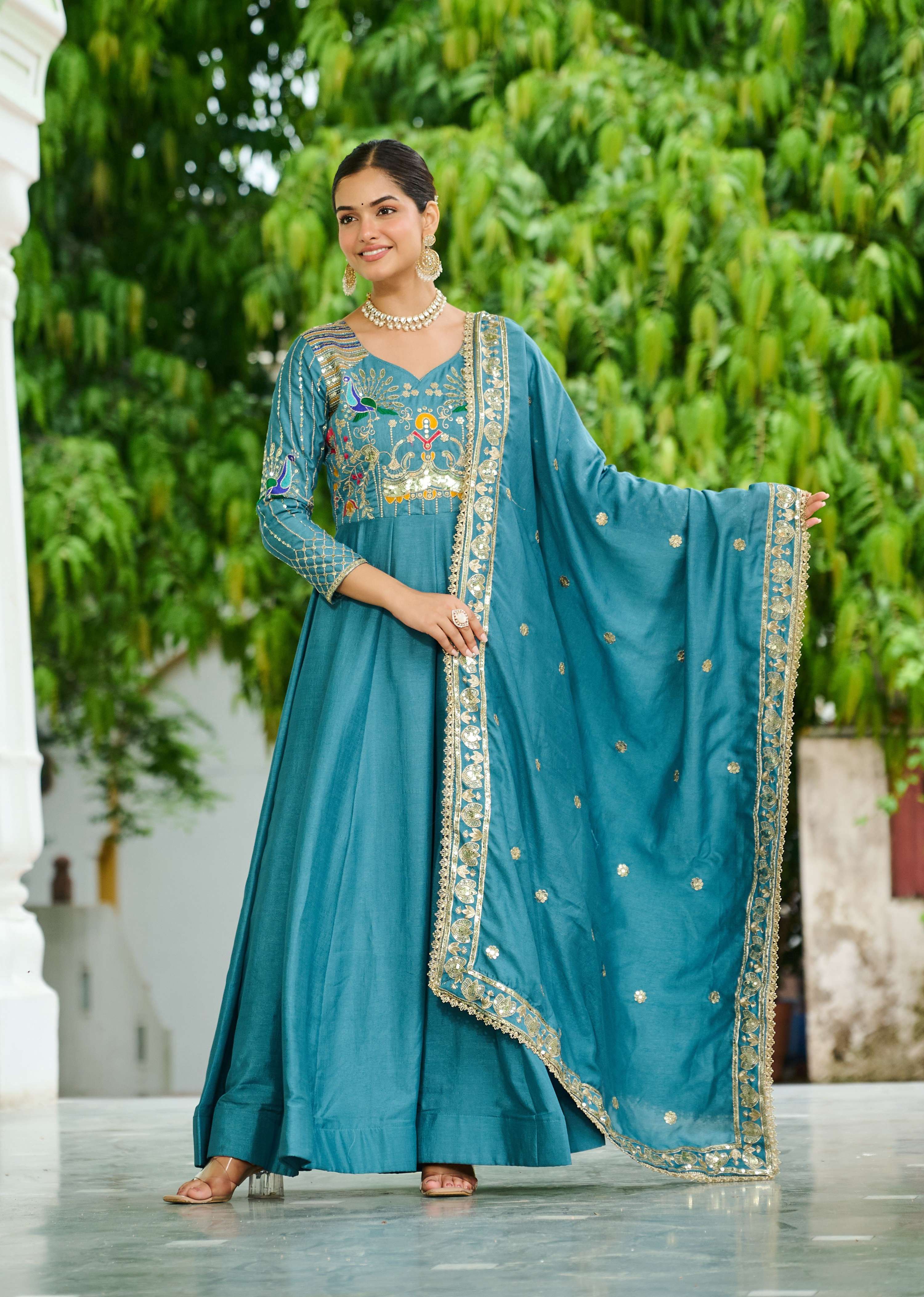 Vedant Vastram Vichitra Silk Embroidery & Sequence Work Stitched Ethnic Gown-Sky Blue - Distacart