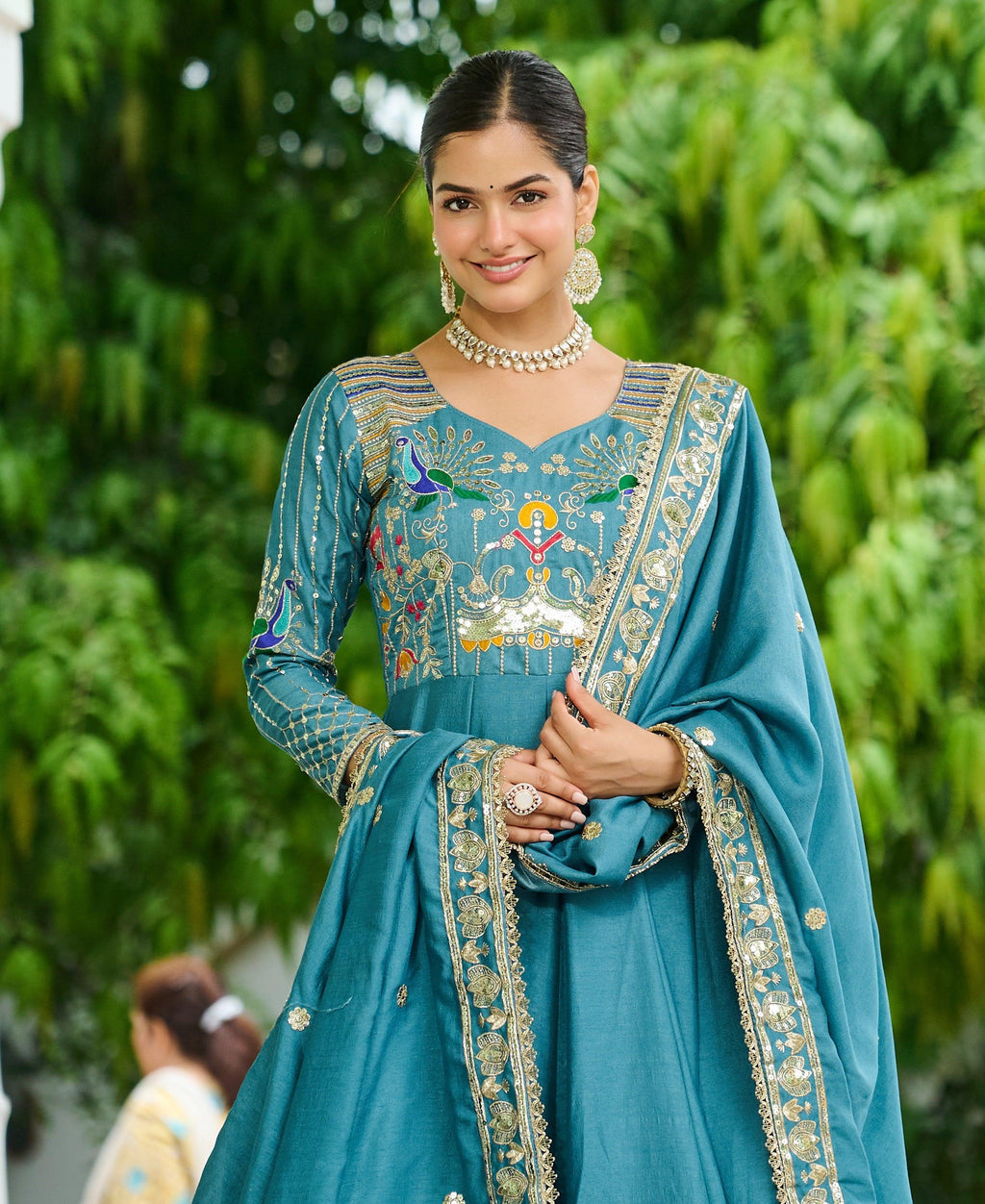 Vedant Vastram Vichitra Silk Embroidery & Sequence Work Stitched Ethnic Gown-Sky Blue - Distacart