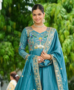 Vedant Vastram Vichitra Silk Embroidery & Sequence Work Stitched Ethnic Gown-Sky Blue - Distacart