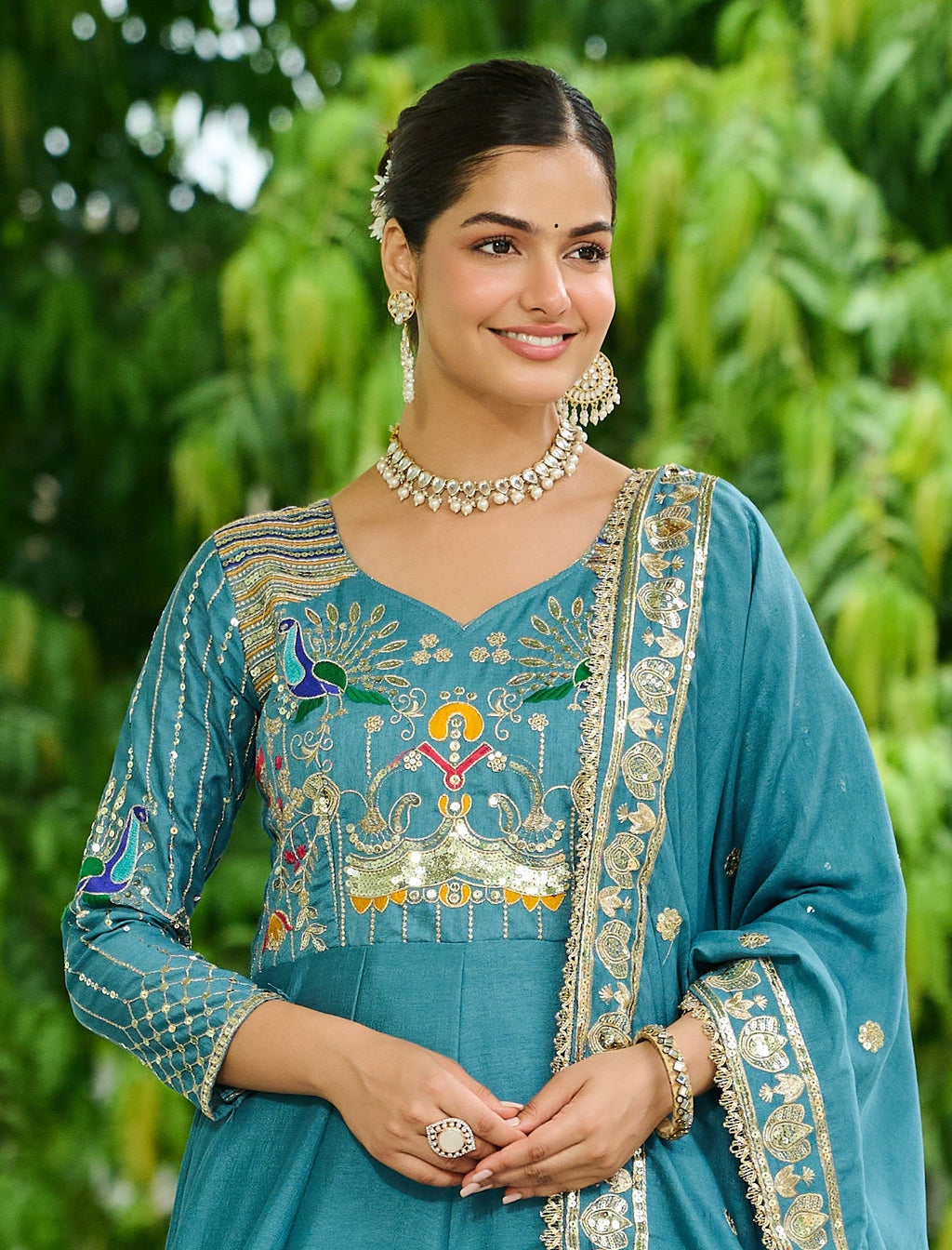 Vedant Vastram Vichitra Silk Embroidery & Sequence Work Stitched Ethnic Gown-Sky Blue - Distacart