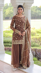 Vedant Vastram Russian Silk Embroidery & Sequence Work Stitched Ethnic Sharara Set-Coffee - Distacart