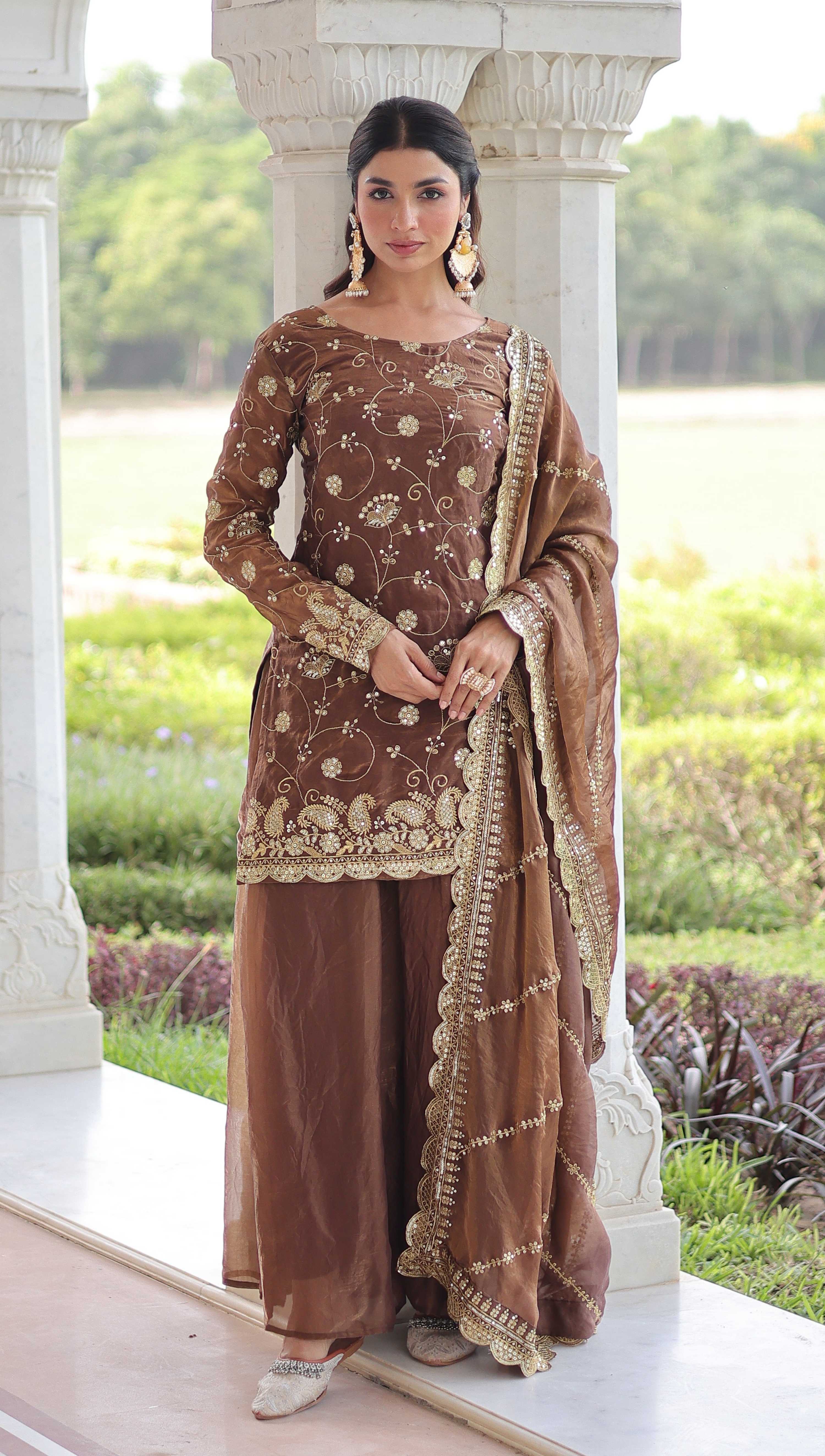 Vedant Vastram Russian Silk Embroidery & Sequence Work Stitched Ethnic Sharara Set-Coffee - Distacart