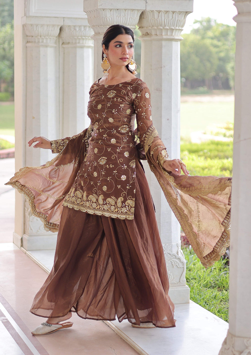 Vedant Vastram Russian Silk Embroidery & Sequence Work Stitched Ethnic Sharara Set-Coffee - Distacart