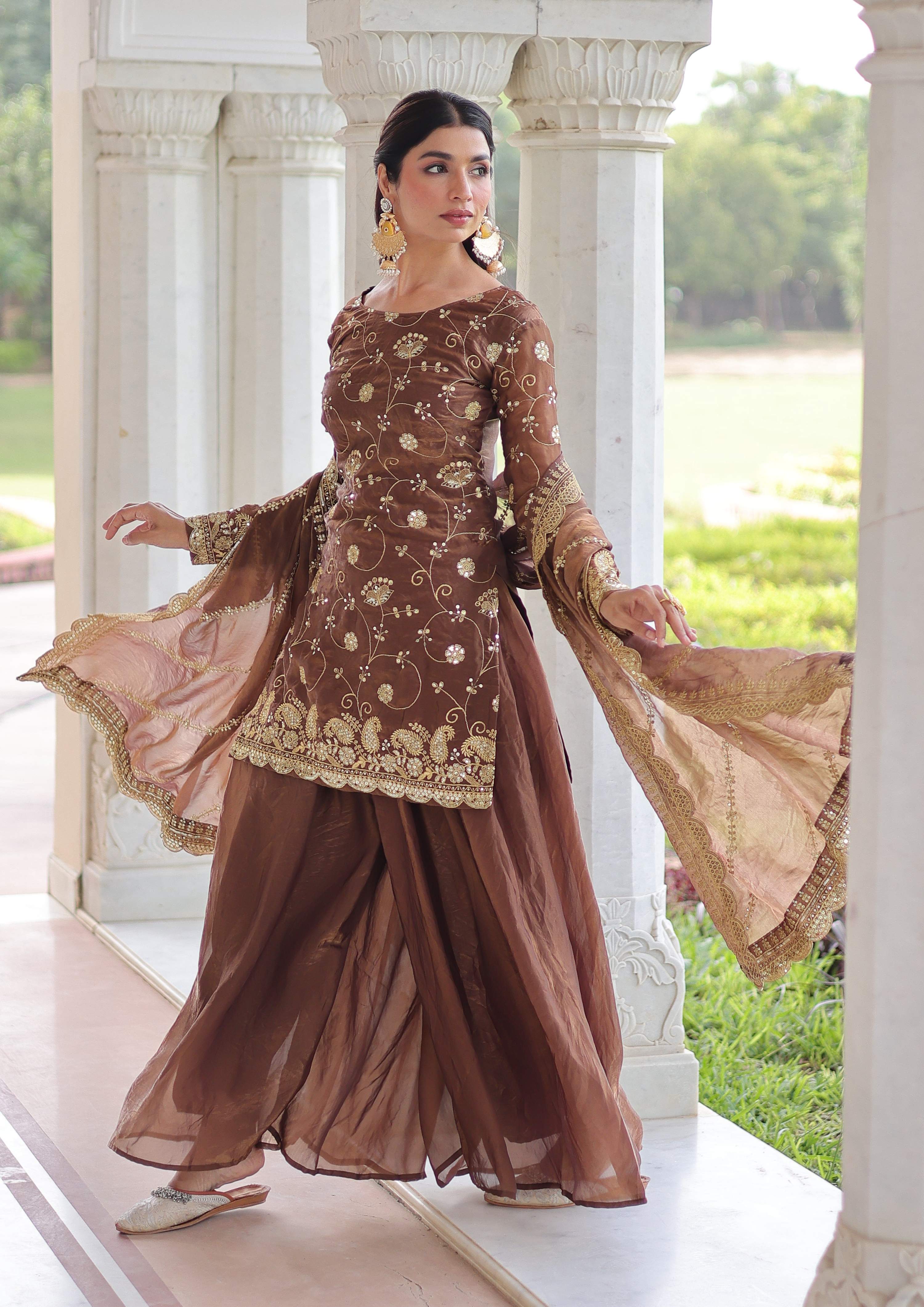 Vedant Vastram Russian Silk Embroidery & Sequence Work Stitched Ethnic Sharara Set-Coffee - Distacart