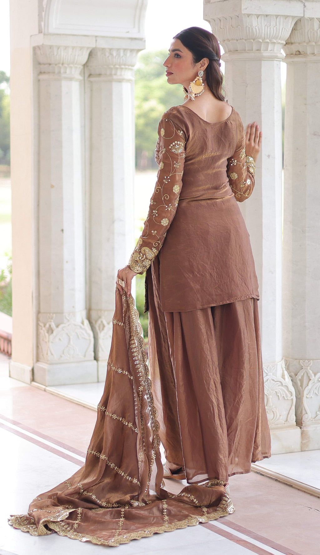 Vedant Vastram Russian Silk Embroidery & Sequence Work Stitched Ethnic Sharara Set-Coffee - Distacart