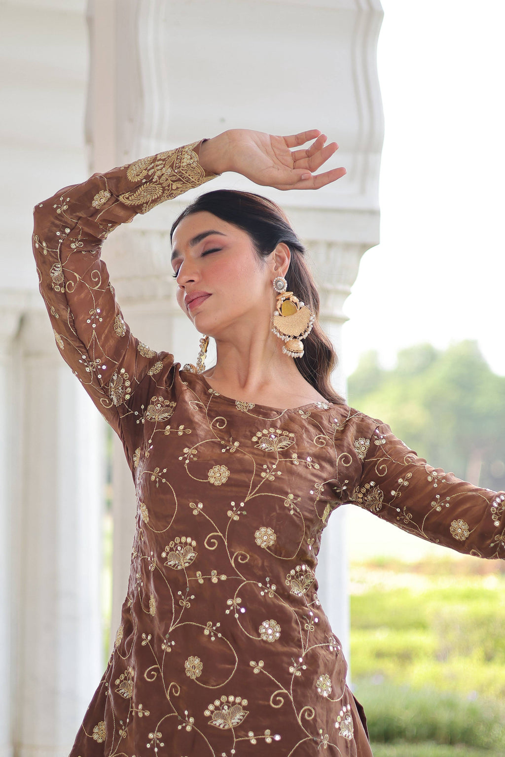 Vedant Vastram Russian Silk Embroidery & Sequence Work Stitched Ethnic Sharara Set-Coffee - Distacart