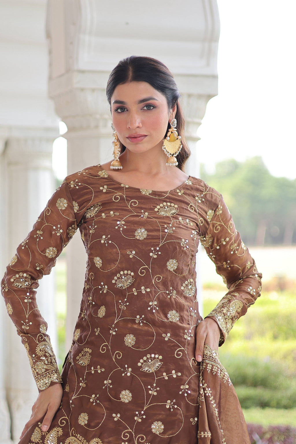 Vedant Vastram Russian Silk Embroidery & Sequence Work Stitched Ethnic Sharara Set-Coffee - Distacart