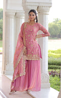 Vedant Vastram Russian Silk Embroidery & Sequence Work Stitched Ethnic Sharara Set-Pink - Distacart