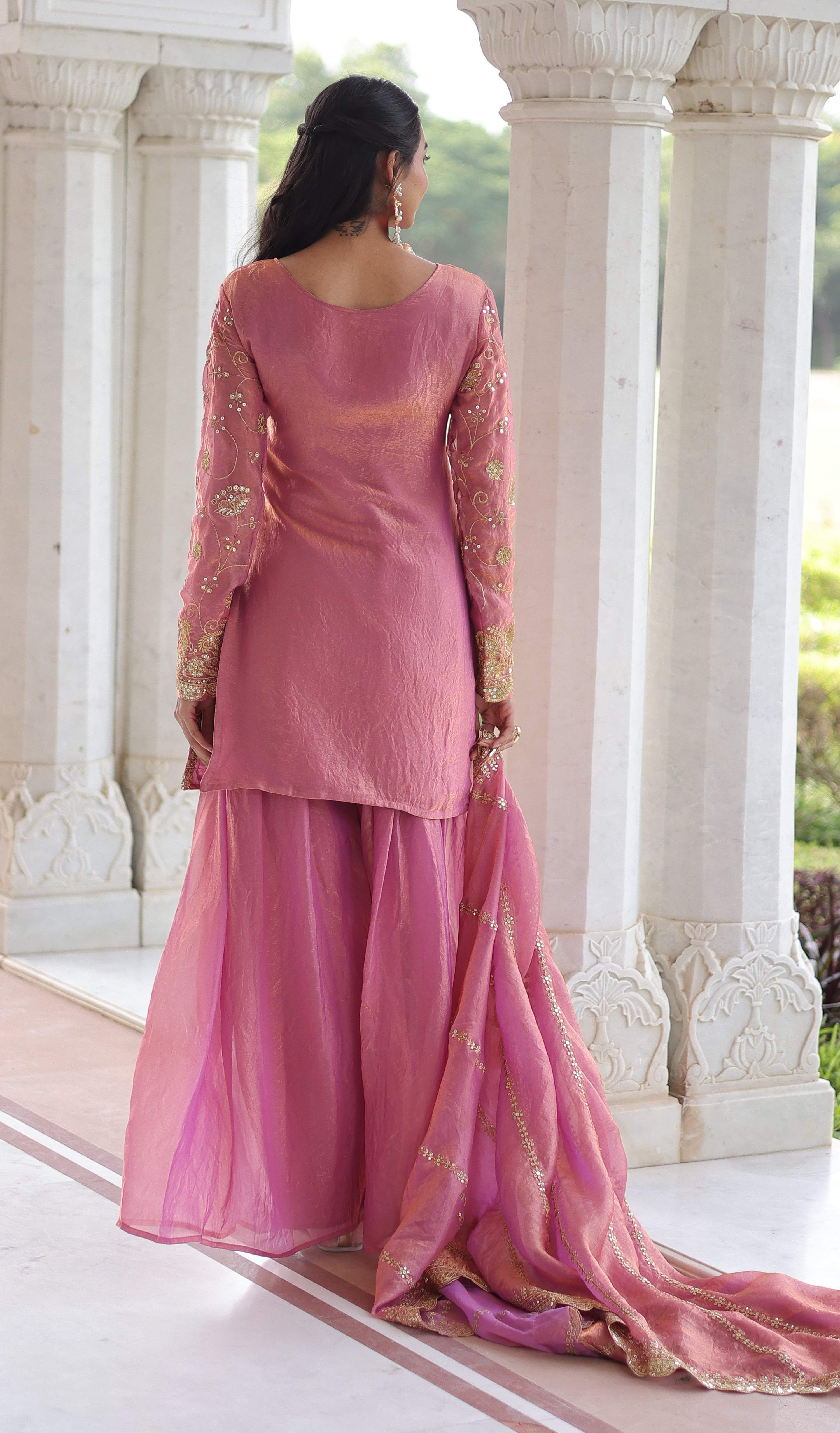 Vedant Vastram Russian Silk Embroidery & Sequence Work Stitched Ethnic Sharara Set-Pink - Distacart