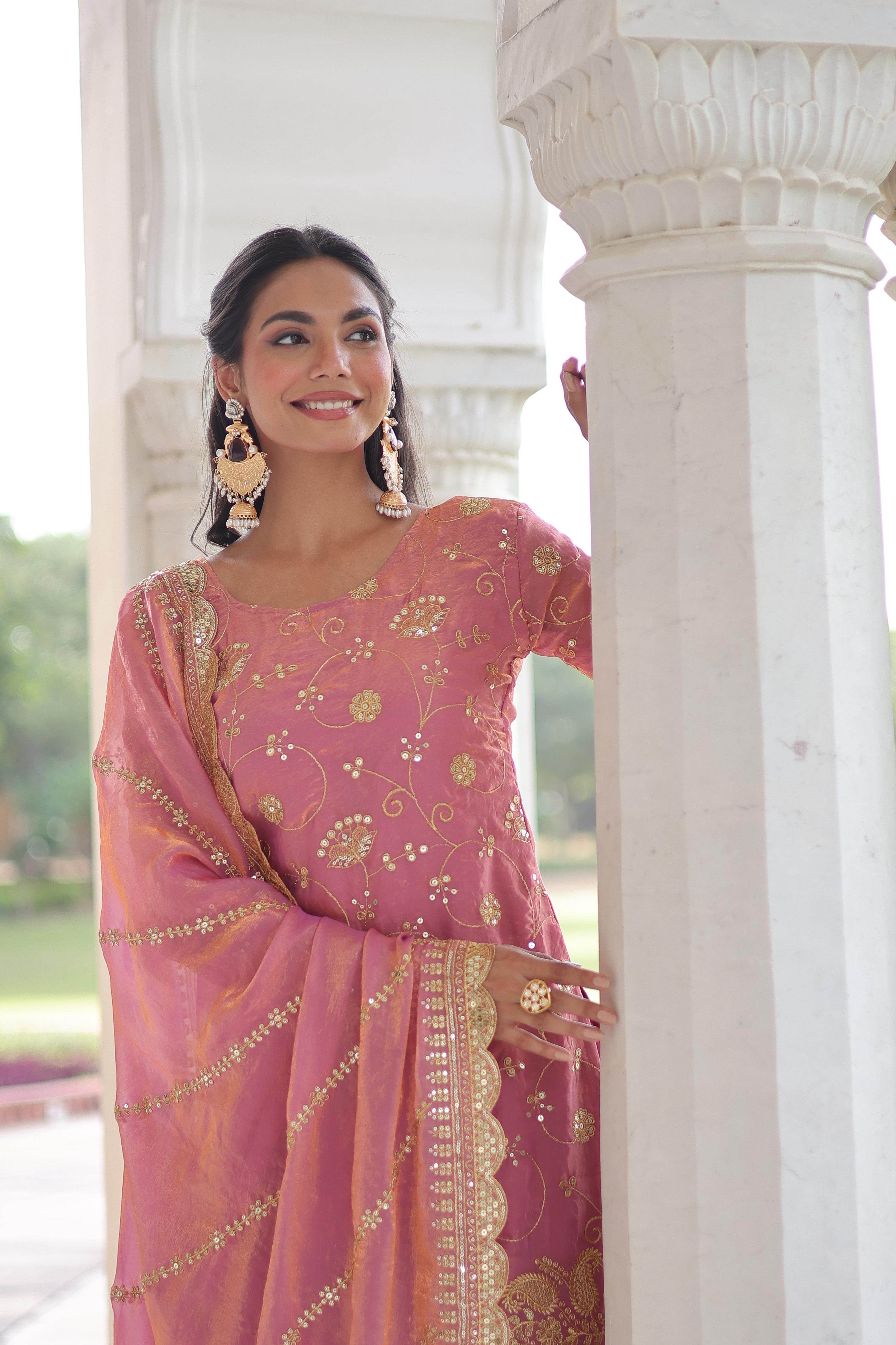 Vedant Vastram Russian Silk Embroidery & Sequence Work Stitched Ethnic Sharara Set-Pink - Distacart