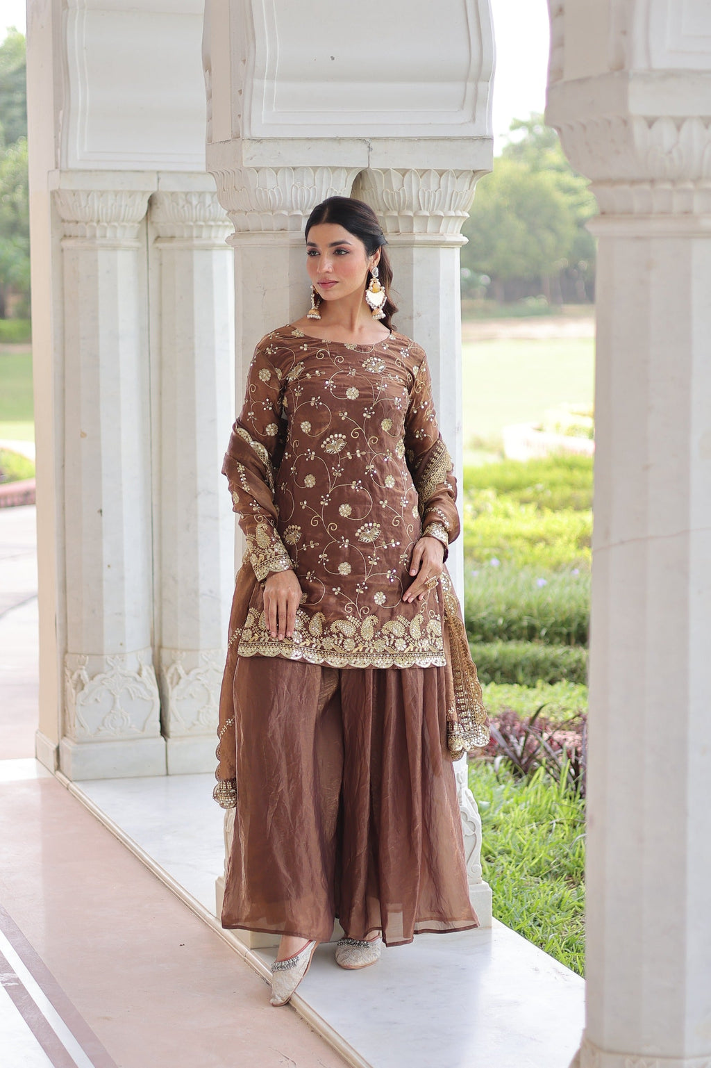 Prazu Fashion Coffee Fendi Silk Sequins & Zari Embroidered Sharara Suit - Distacart