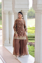 Prazu Fashion Coffee Fendi Silk Sequins & Zari Embroidered Sharara Suit - Distacart
