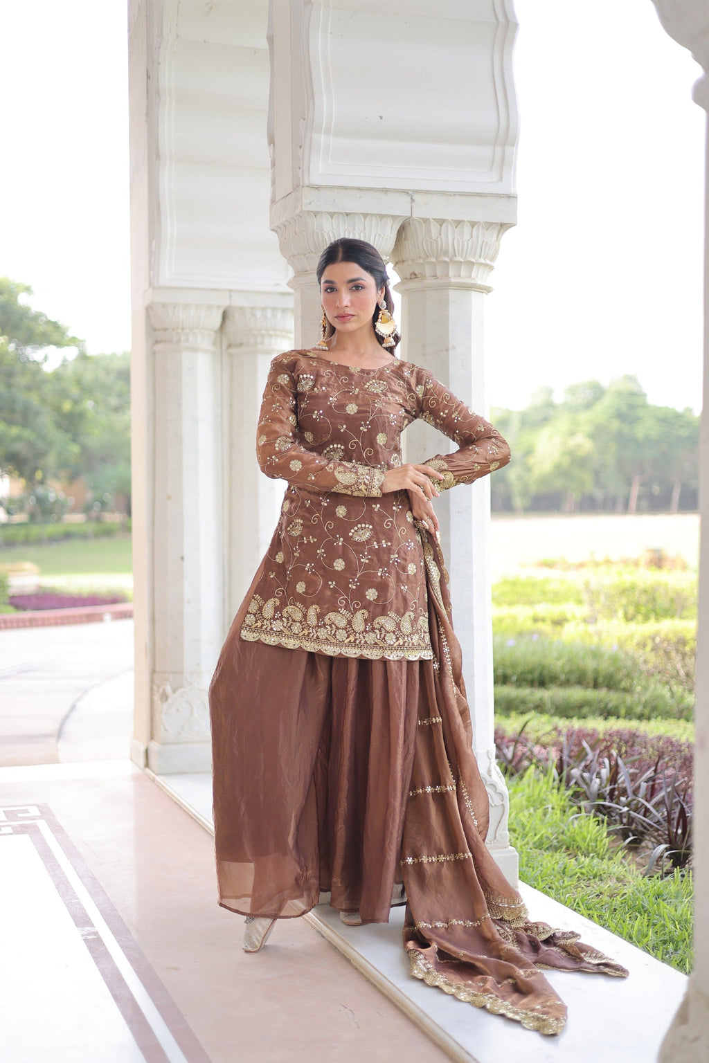 Prazu Fashion Coffee Fendi Silk Sequins & Zari Embroidered Sharara Suit - Distacart
