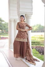Prazu Fashion Coffee Fendi Silk Sequins & Zari Embroidered Sharara Suit - Distacart