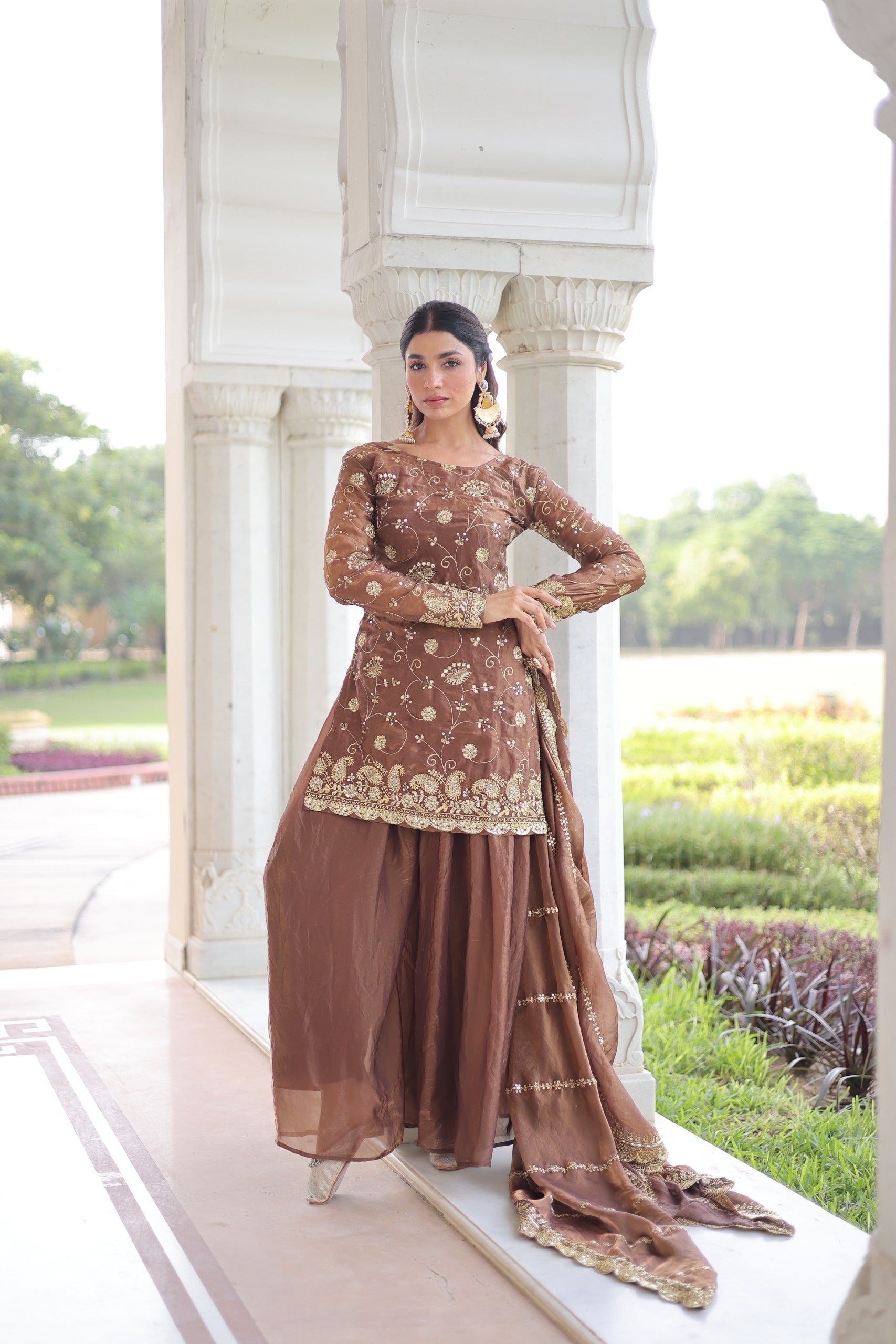 Prazu Fashion Coffee Fendi Silk Sequins & Zari Embroidered Sharara Suit - Distacart