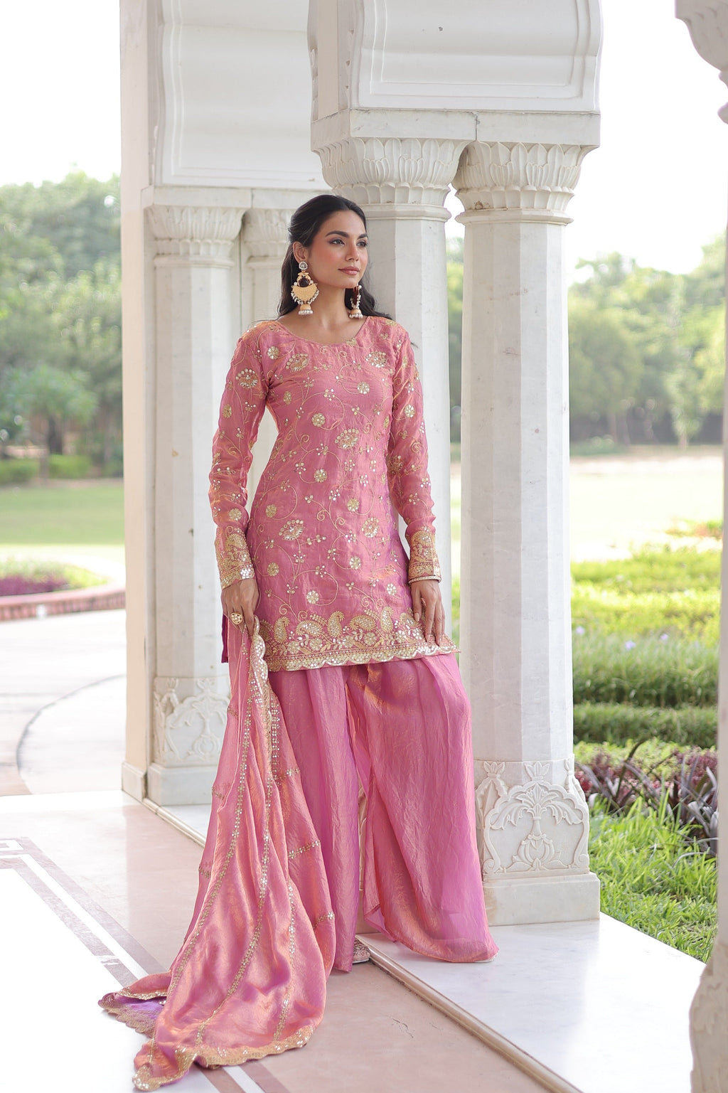 Prazu Fashion Light Pink Fendi Silk Sequins & Zari Embroidered Sharara Suit - Distacart