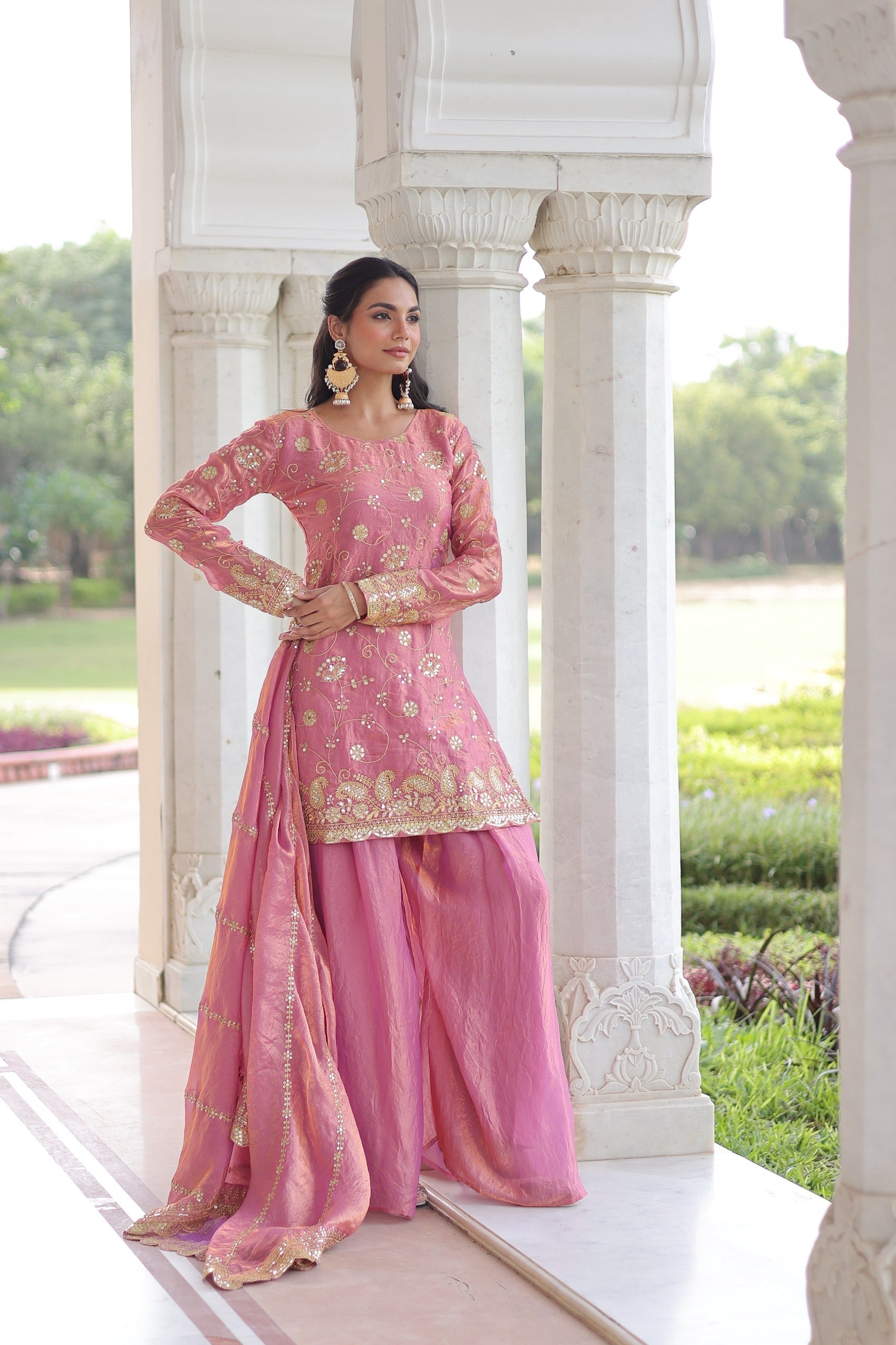 Prazu Fashion Light Pink Fendi Silk Sequins & Zari Embroidered Sharara Suit - Distacart