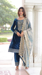 Vedant Vastram Heavy Velvet Embroidery & Sequence Work Stitched Salwar Suit Set-Blue - Distacart