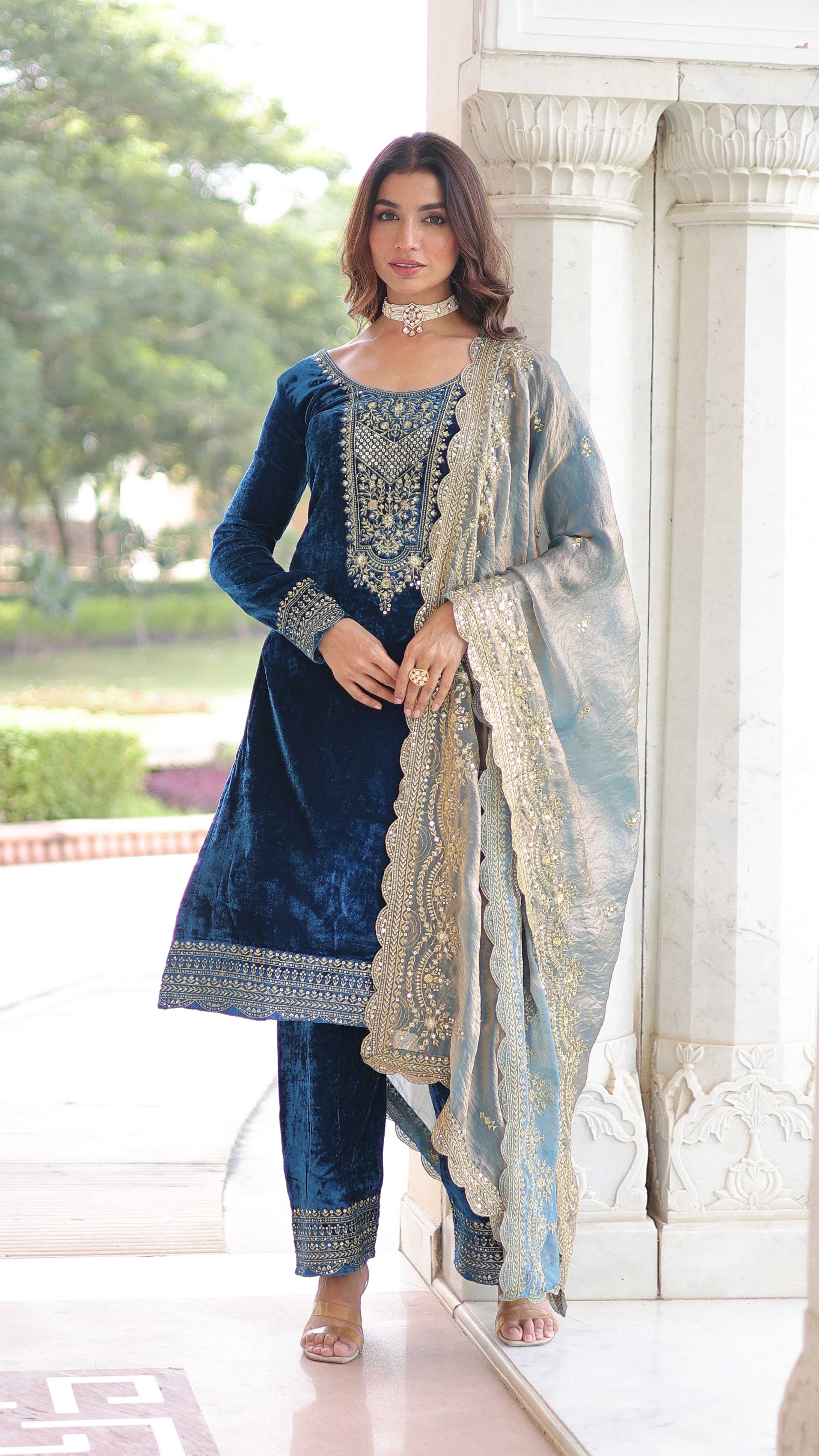 Vedant Vastram Heavy Velvet Embroidery & Sequence Work Stitched Salwar Suit Set-Blue - Distacart