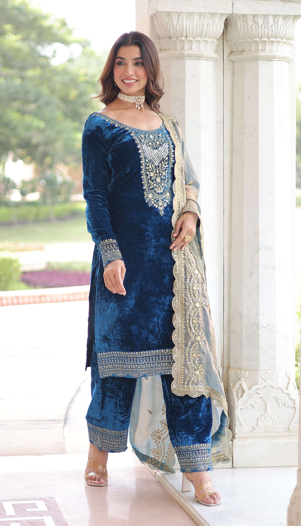 Vedant Vastram Heavy Velvet Embroidery & Sequence Work Stitched Salwar Suit Set-Blue - Distacart