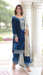 Vedant Vastram Heavy Velvet Embroidery & Sequence Work Stitched Salwar Suit Set-Blue - Distacart
