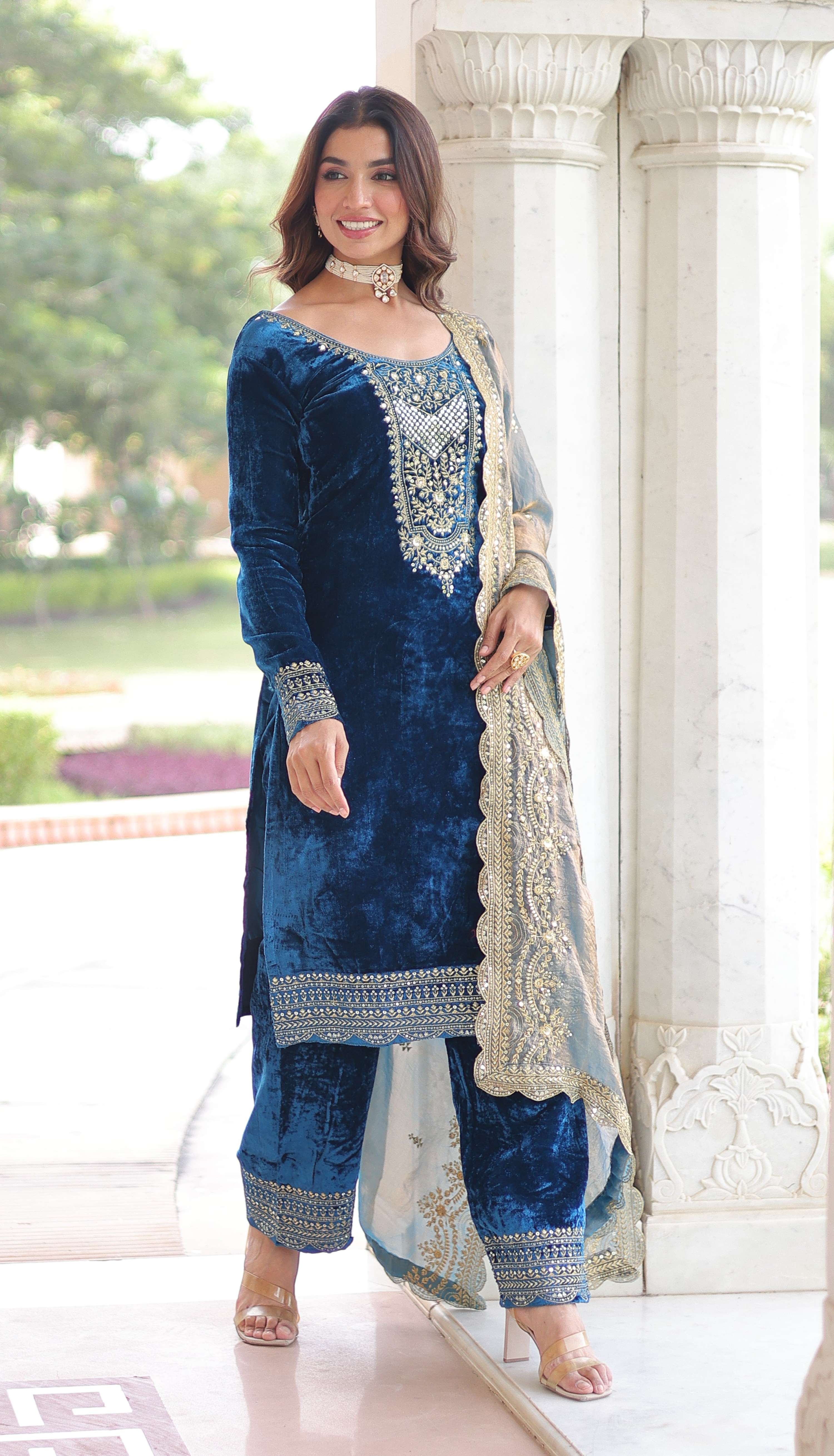 Vedant Vastram Heavy Velvet Embroidery & Sequence Work Stitched Salwar Suit Set-Blue - Distacart