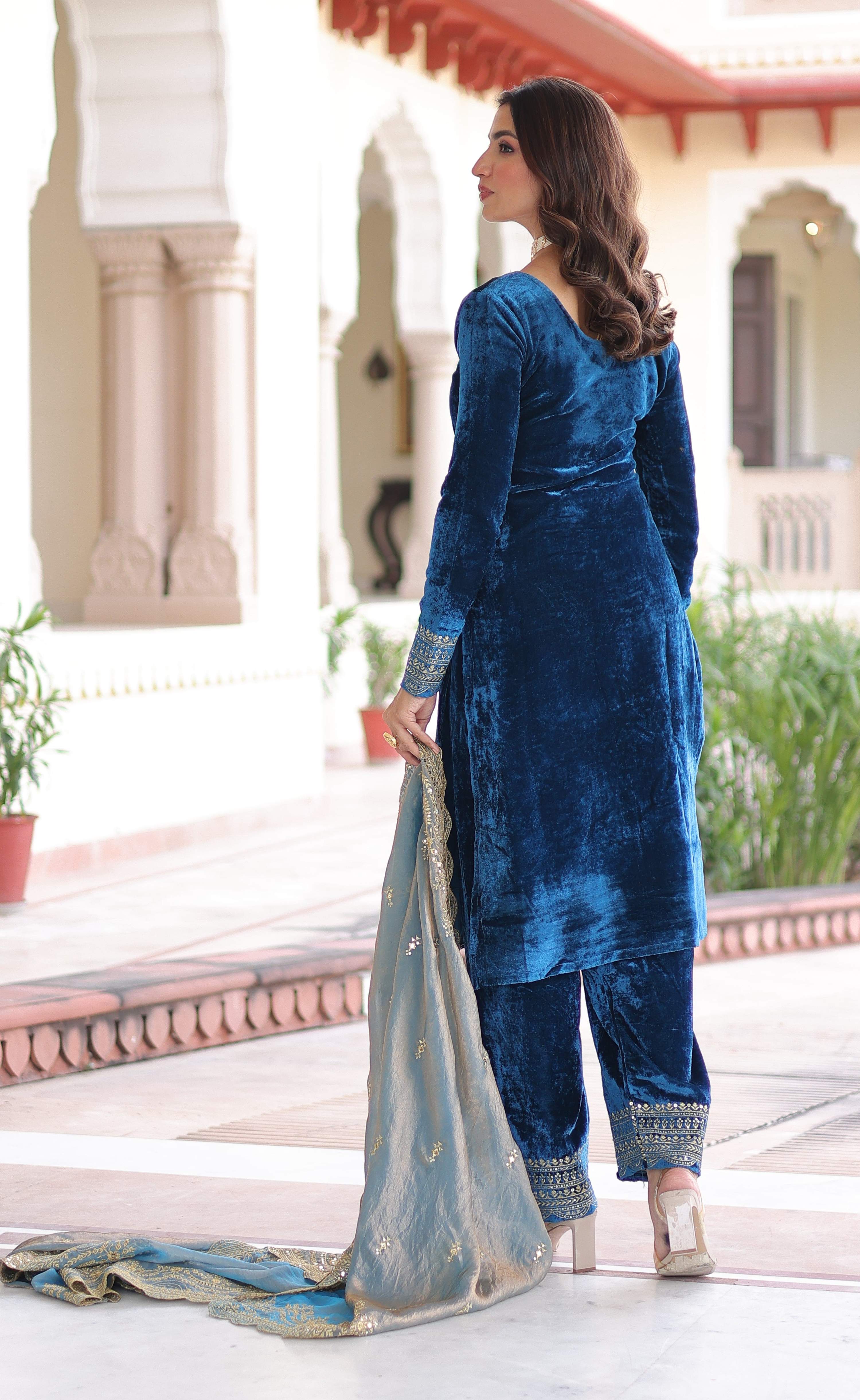 Vedant Vastram Heavy Velvet Embroidery & Sequence Work Stitched Salwar Suit Set-Blue - Distacart