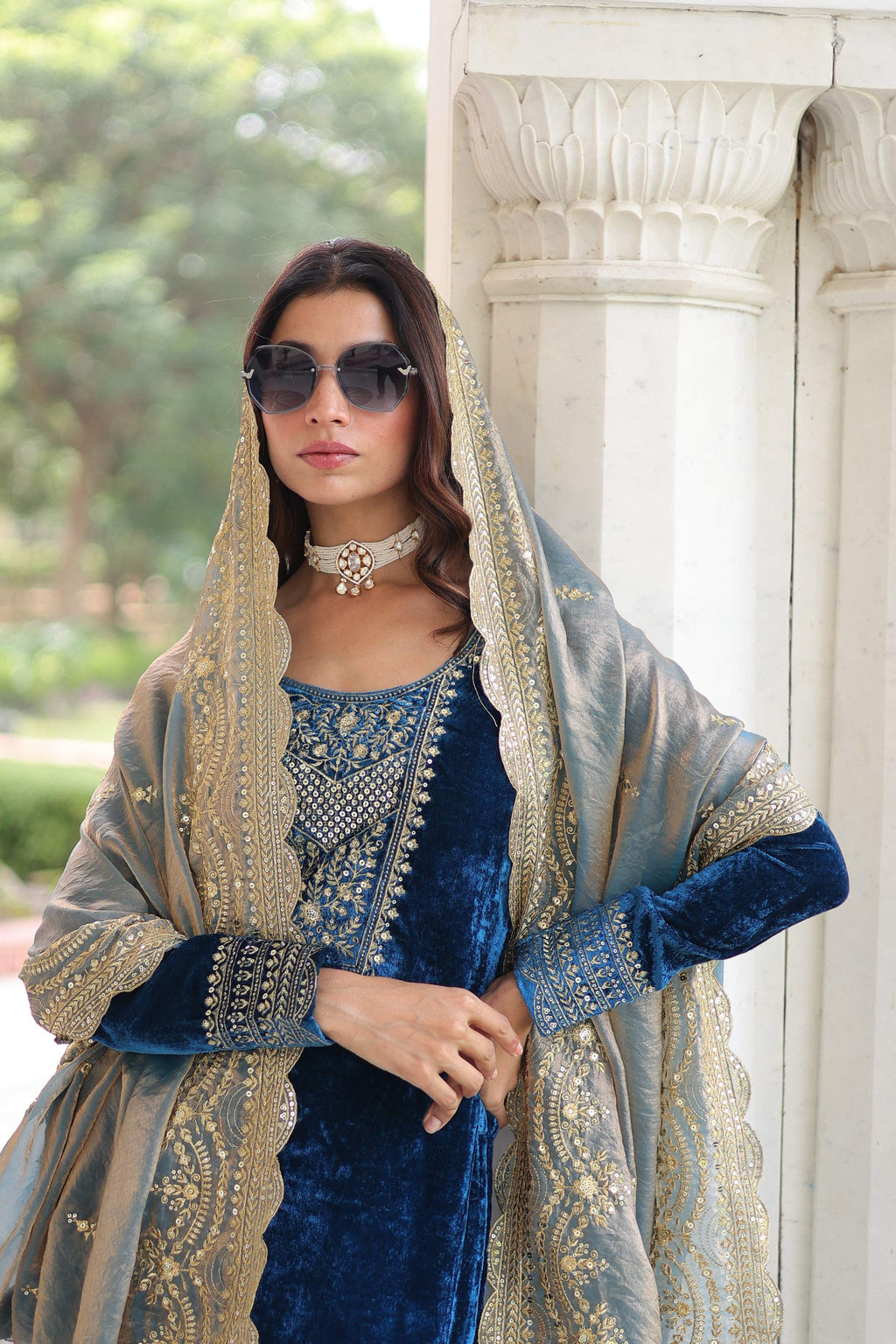 Vedant Vastram Heavy Velvet Embroidery & Sequence Work Stitched Salwar Suit Set-Blue - Distacart