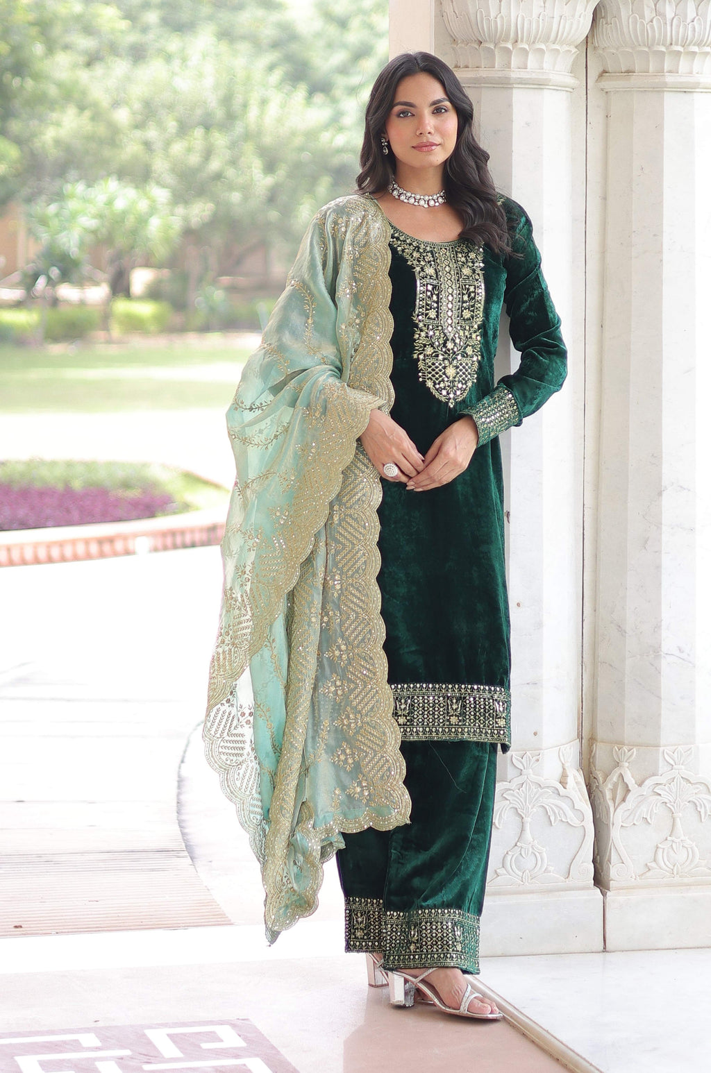 Vedant Vastram Heavy Velvet Embroidery & Sequence Work Stitched Salwar Suit Set-Green - Distacart