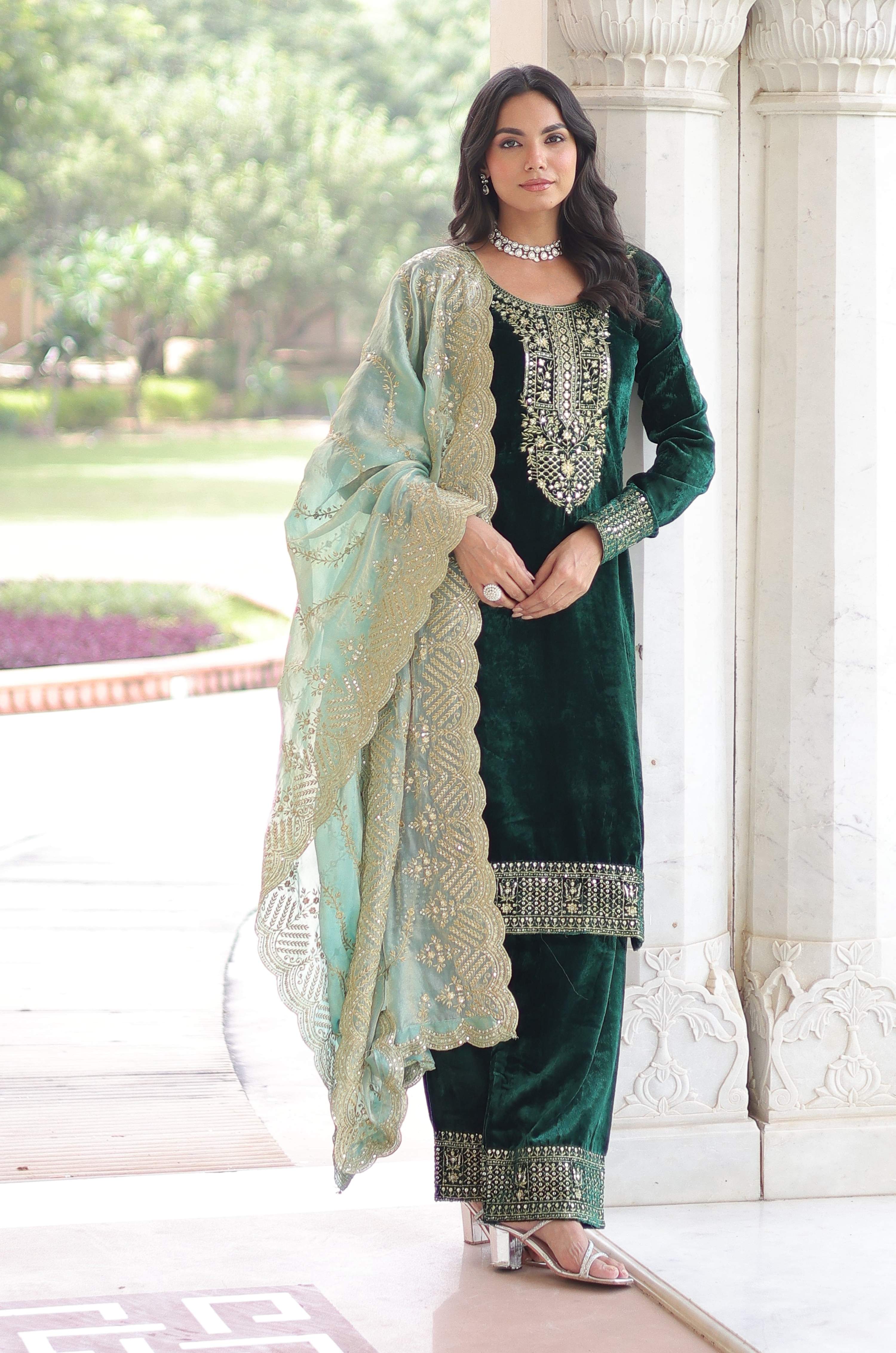Vedant Vastram Heavy Velvet Embroidery & Sequence Work Stitched Salwar Suit Set-Green - Distacart