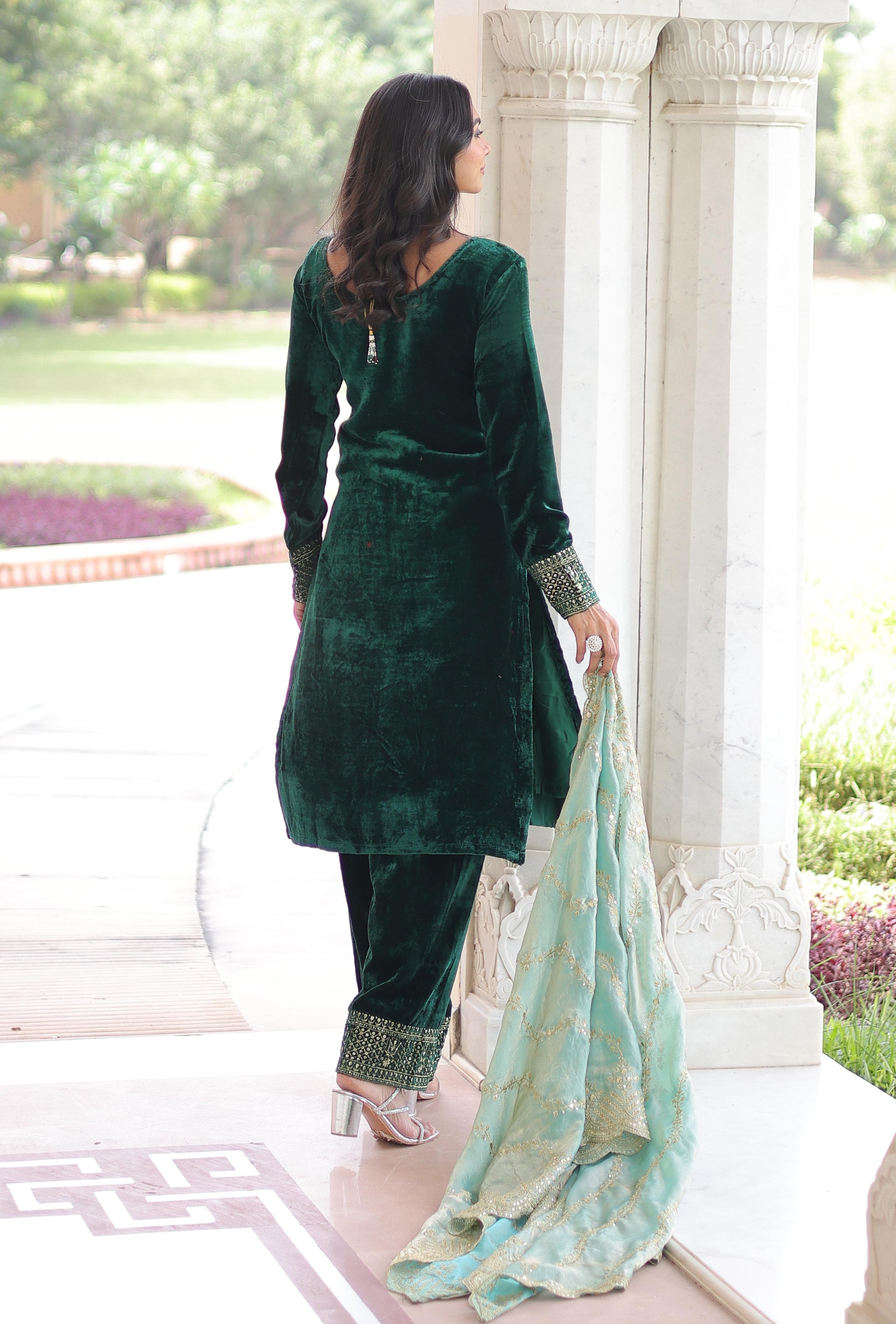 Vedant Vastram Heavy Velvet Embroidery & Sequence Work Stitched Salwar Suit Set-Green - Distacart