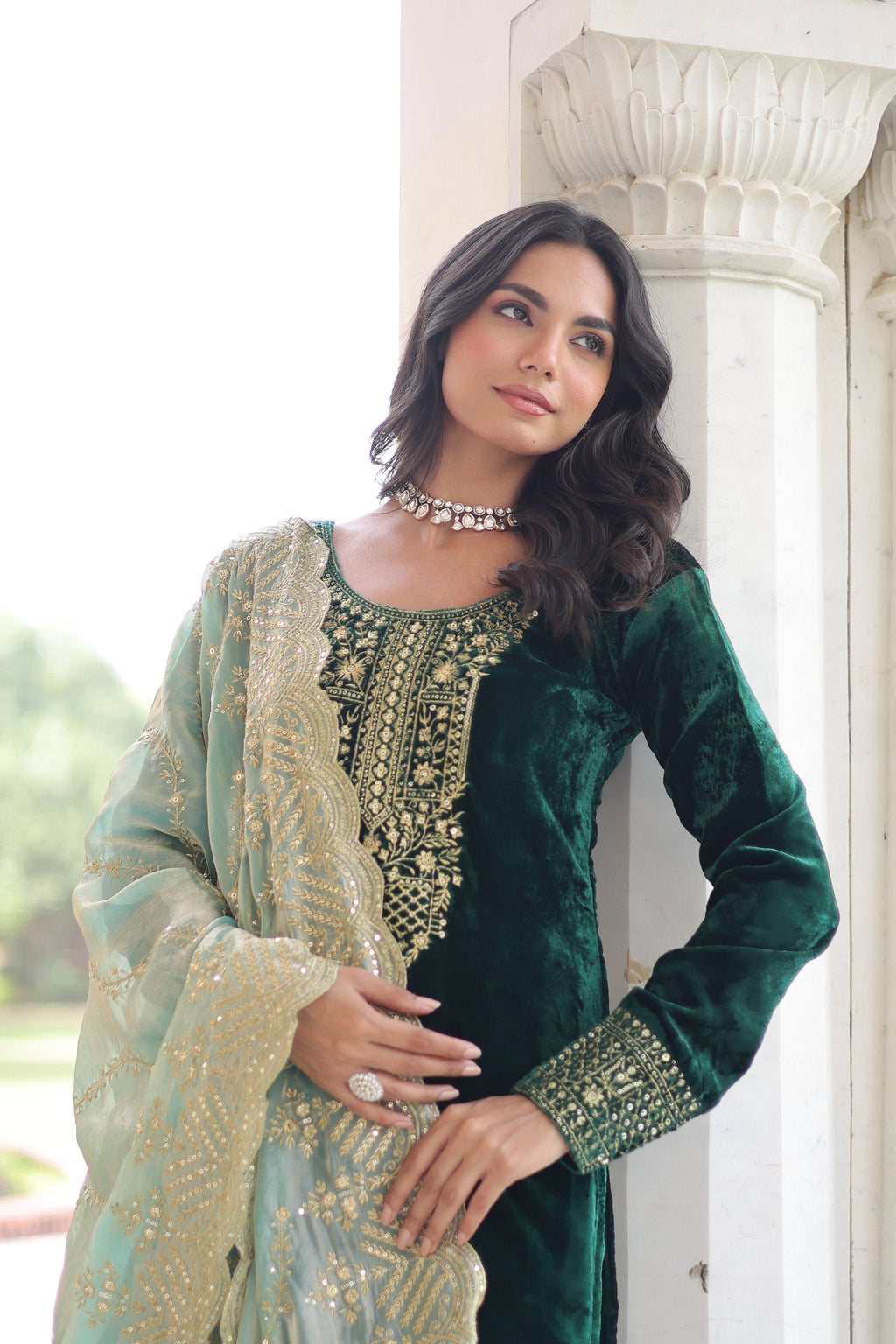 Vedant Vastram Heavy Velvet Embroidery & Sequence Work Stitched Salwar Suit Set-Green - Distacart