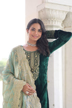 Vedant Vastram Heavy Velvet Embroidery & Sequence Work Stitched Salwar Suit Set-Green - Distacart