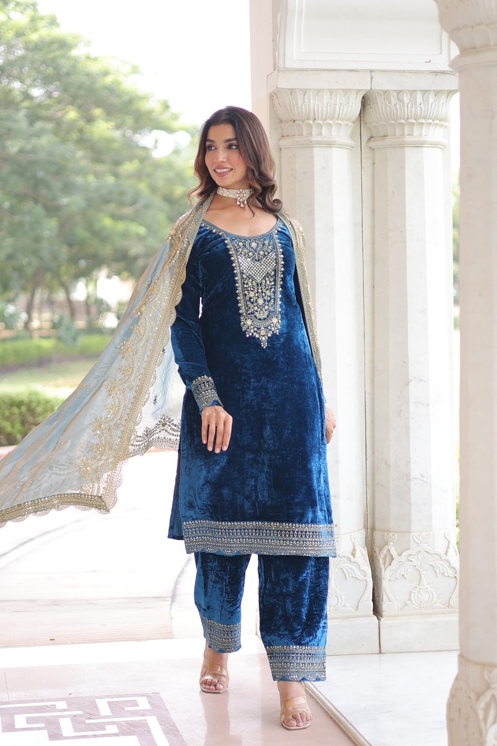 Prazu Fashion Blue Velvet Rich Sequins & Zari Embroidered Work Salwar Suit - Distacart
