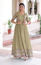Vedant Vastram Vichitra Silk Embroidery & Sequence Work Stitched Ethnic Gown-Pista - Distacart