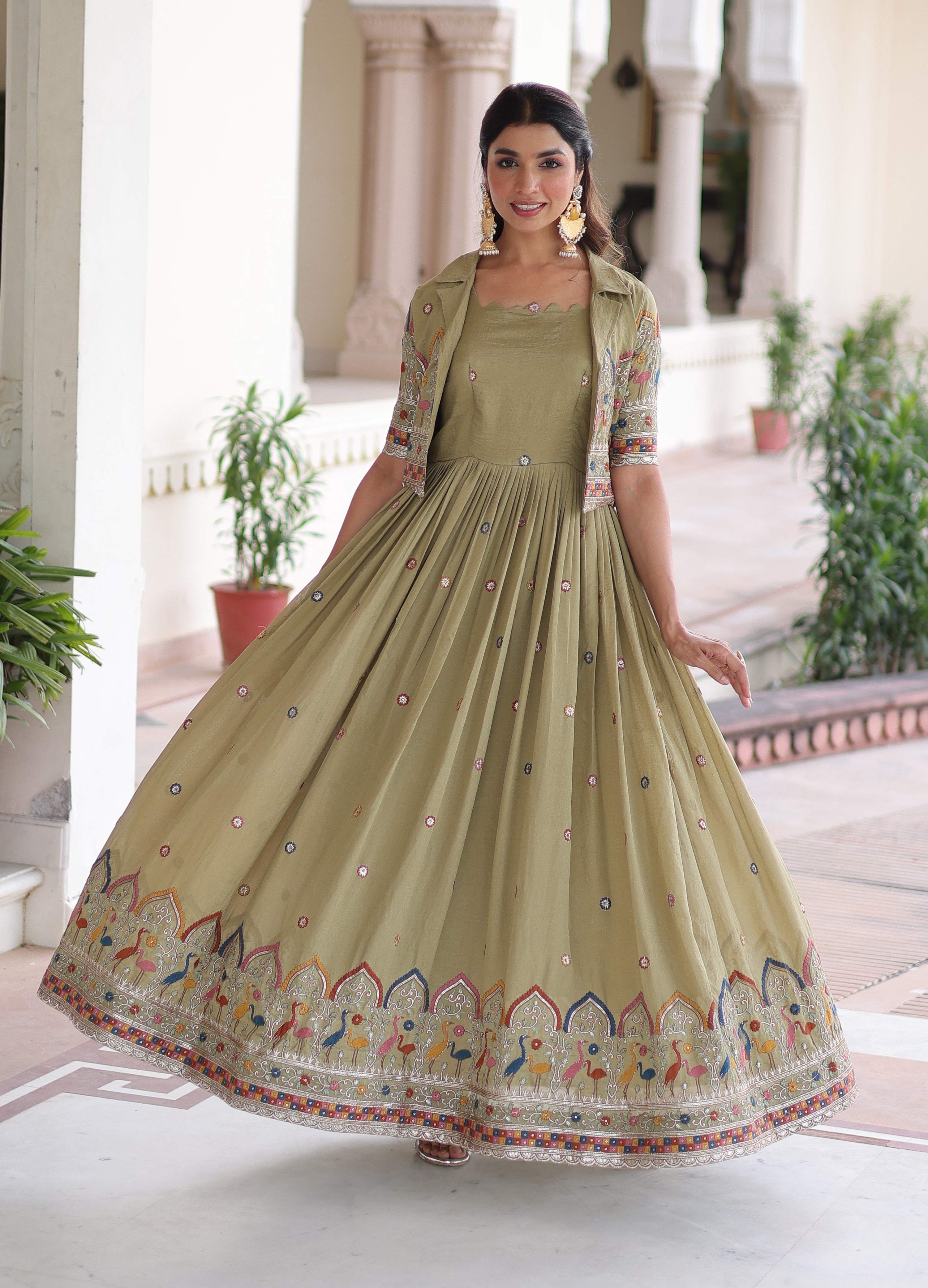 Vedant Vastram Vichitra Silk Embroidery & Sequence Work Stitched Ethnic Gown-Pista - Distacart