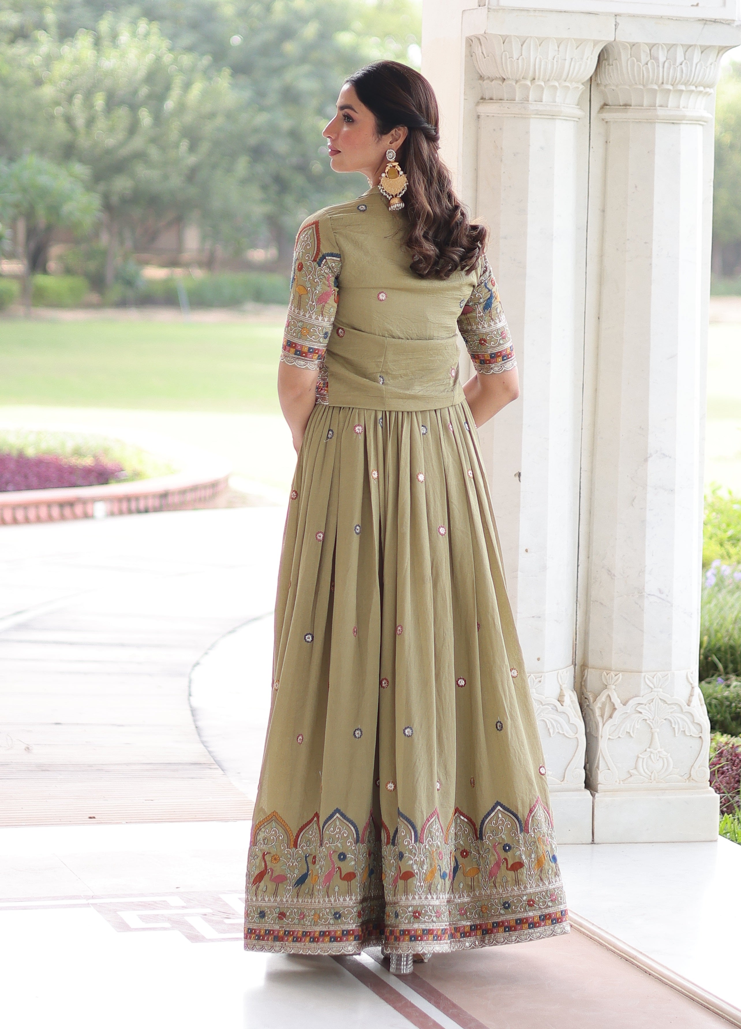 Vedant Vastram Vichitra Silk Embroidery & Sequence Work Stitched Ethnic Gown-Pista - Distacart