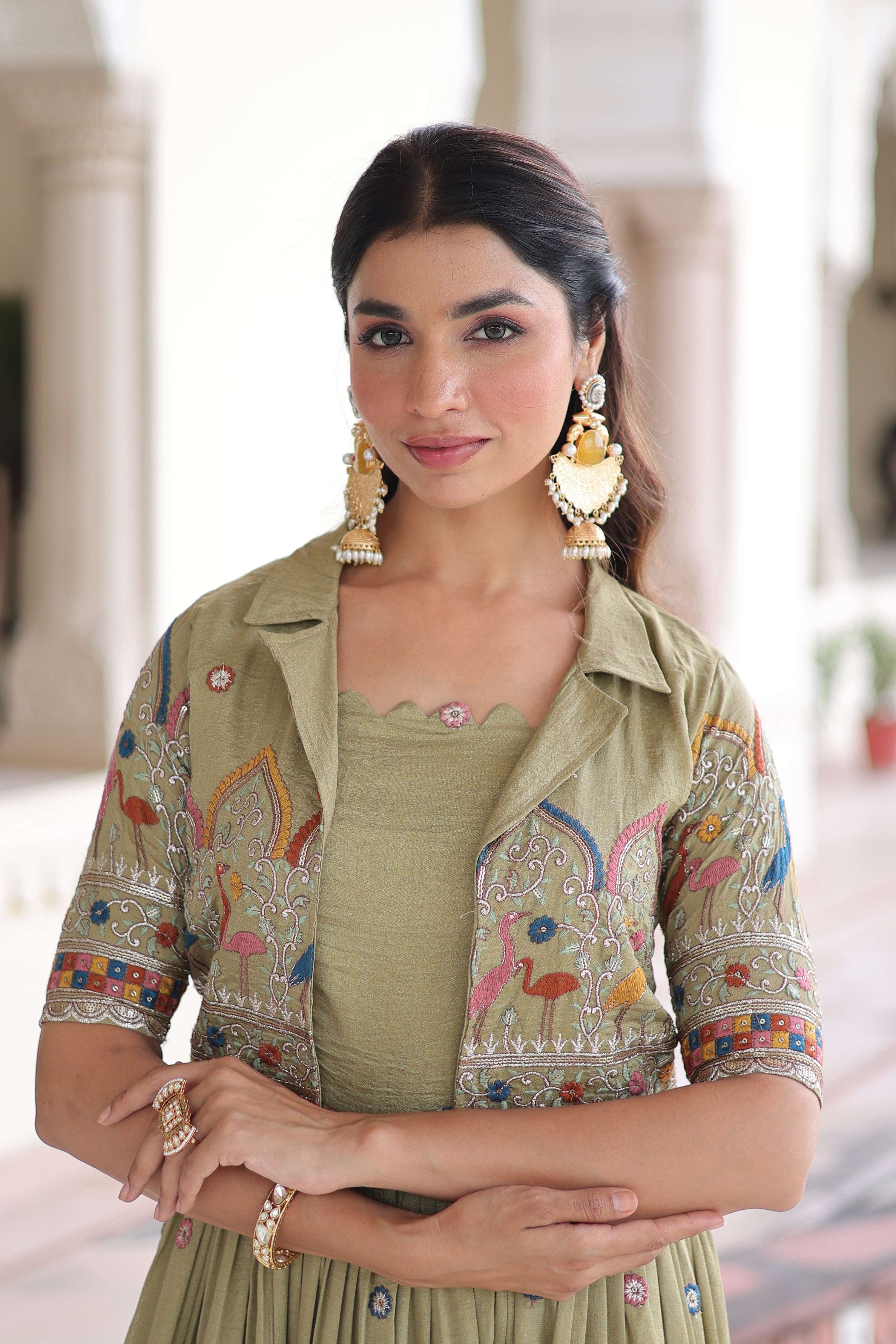 Vedant Vastram Vichitra Silk Embroidery & Sequence Work Stitched Ethnic Gown-Pista - Distacart