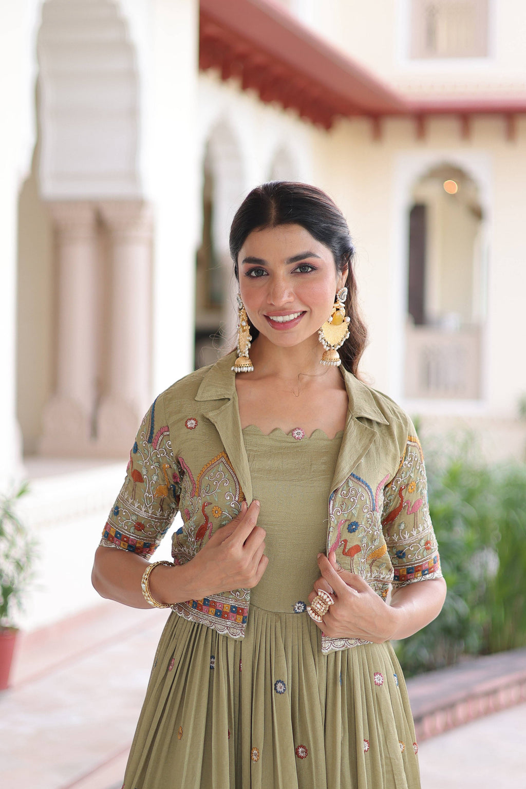 Vedant Vastram Vichitra Silk Embroidery & Sequence Work Stitched Ethnic Gown-Pista - Distacart