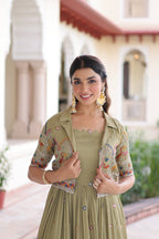 Vedant Vastram Vichitra Silk Embroidery & Sequence Work Stitched Ethnic Gown-Pista - Distacart