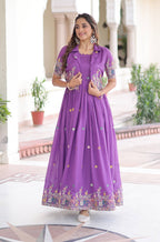 Vedant Vastram Vichitra Silk Embroidery & Sequence Work Stitched Ethnic Gown-Purple - Distacart