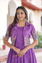 Vedant Vastram Vichitra Silk Embroidery & Sequence Work Stitched Ethnic Gown-Purple - Distacart