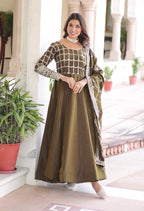 Vedant Vastram Vichitra Silk Embroidery & Sequence Work Stitched Ethnic Gown-Mahendi - Distacart