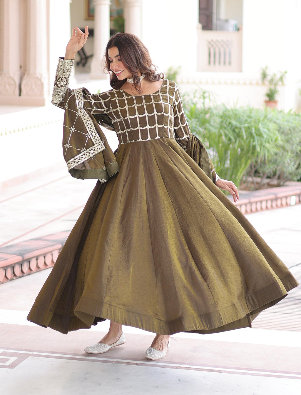 Vedant Vastram Vichitra Silk Embroidery & Sequence Work Stitched Ethnic Gown-Mahendi - Distacart