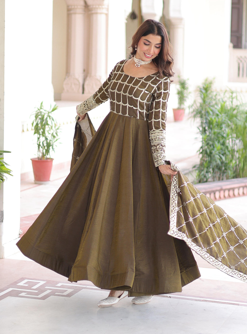 Vedant Vastram Vichitra Silk Embroidery & Sequence Work Stitched Ethnic Gown-Mahendi - Distacart